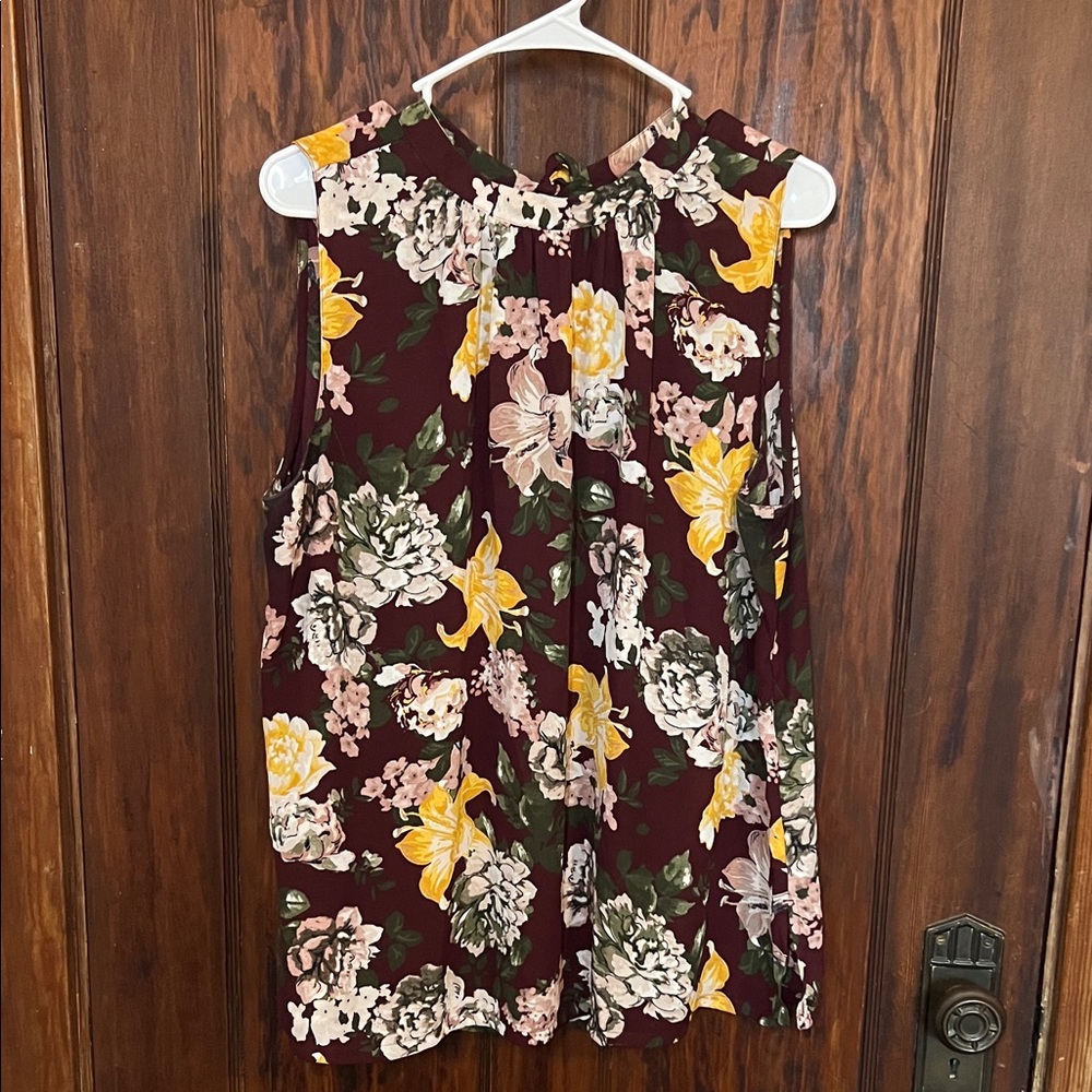 LOFT Floral Sleeveless Blouse - Burgundy and Yellow